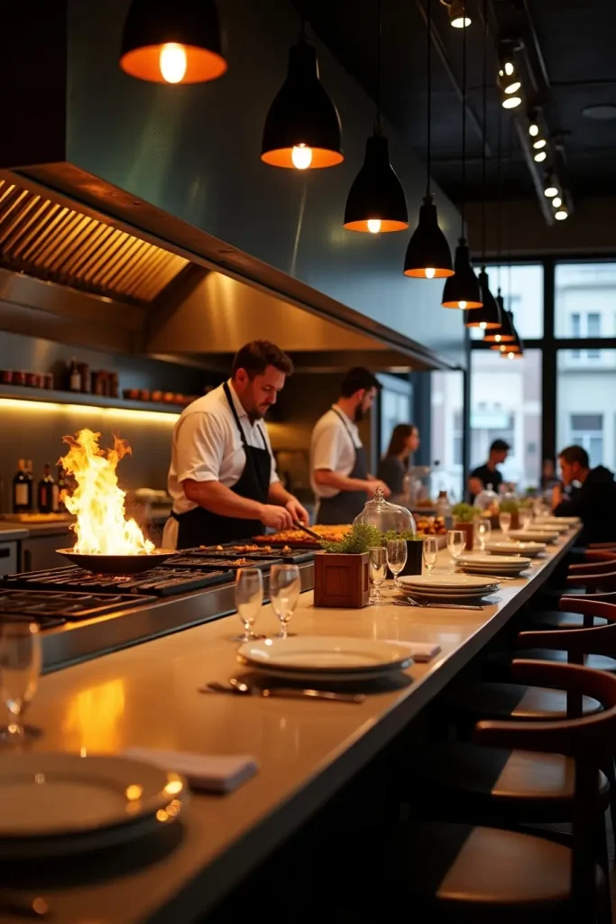 Live open kitchen with flames, grills, and quartz counters, creating energy and drama for diners.