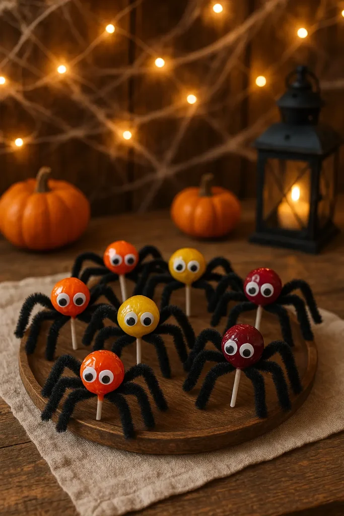 Lollipop spiders with googly eyes on a rustic table, glowing lights and pumpkins add Halloween charm.