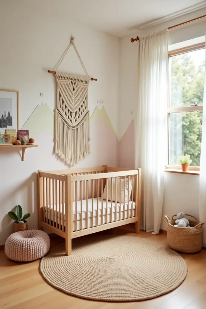 Boho nursery with macramé above crib, pastel mural, jute rug, and cozy baby decor accents.