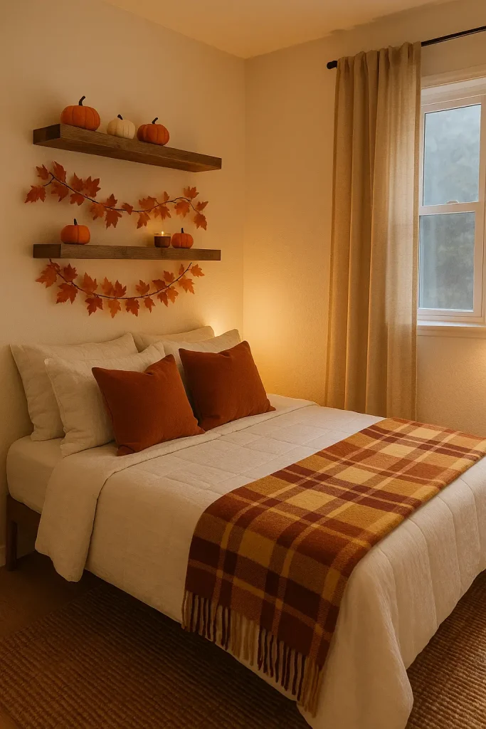 Small bedroom with fall accents, floating shelves, mini pumpkins, cozy throws, and warm textures.