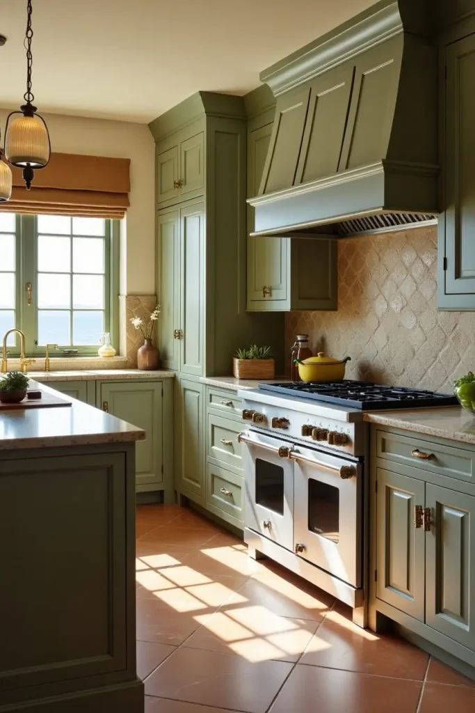 Mediterranean sage kitchen with olive wood, terracotta tiles, and brass accents for a sunny vibe.