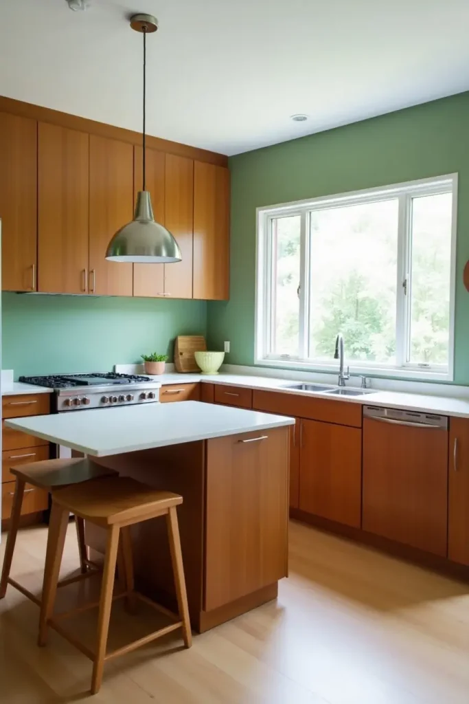 Mid-century sage kitchen with teak cabinets, tapered island legs, and bright white quartz counters.