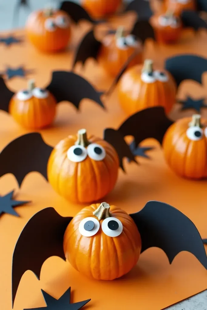 Mini pumpkins with googly eyes and paper bat wings scattered on a playful Halloween table.