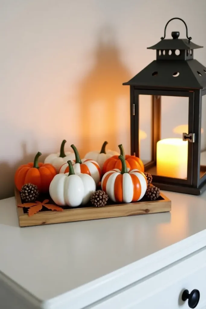 Mini pumpkin patch display with lantern on a dresser for cozy Halloween bedroom charm.