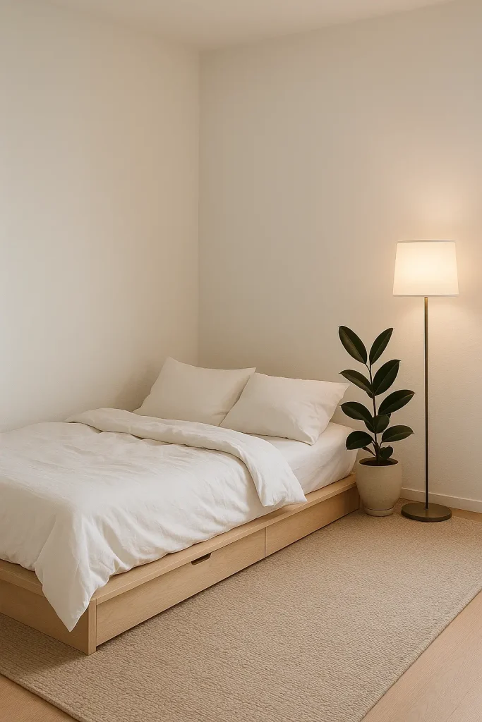 Minimalist bedroom with low bed, white bedding, one plant, and hidden storage in soft neutral tones.