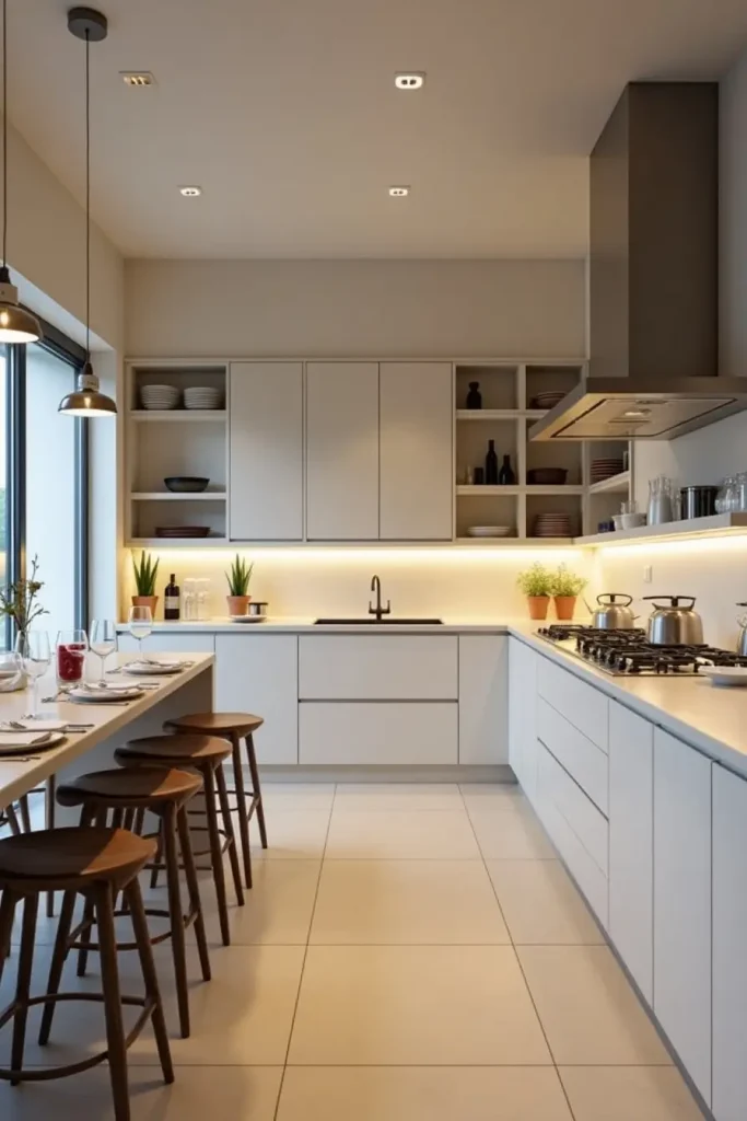 Minimalist open kitchen with sleek cabinets, soft-close doors, and calm neutral tones.