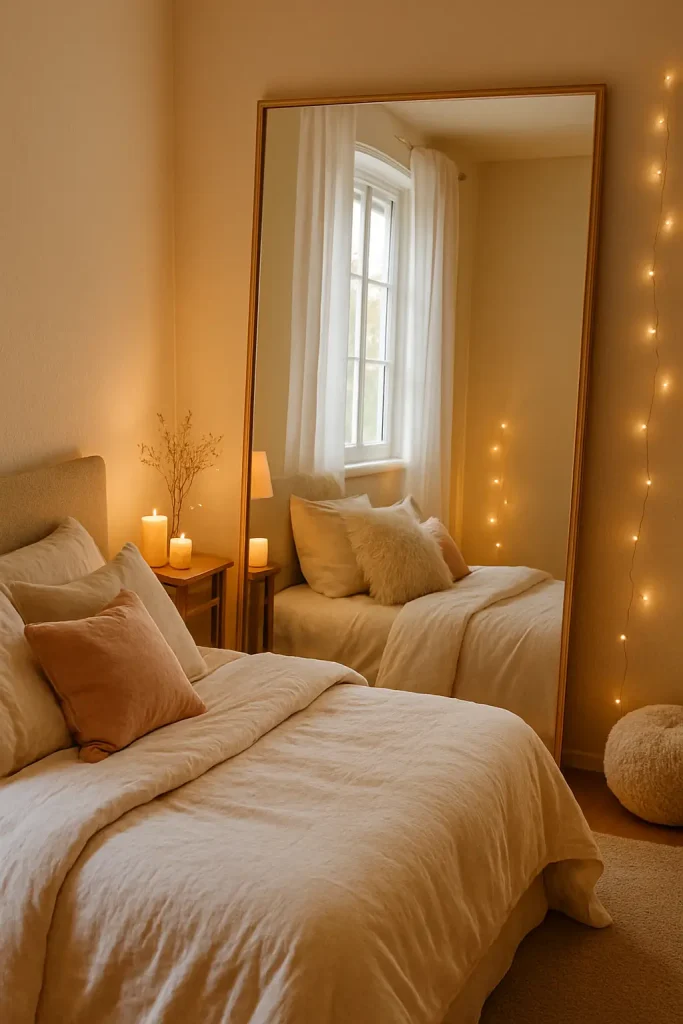 Romantic bedroom with large mirror reflecting light, simple frame, and soft decor for a cozy, open feel.