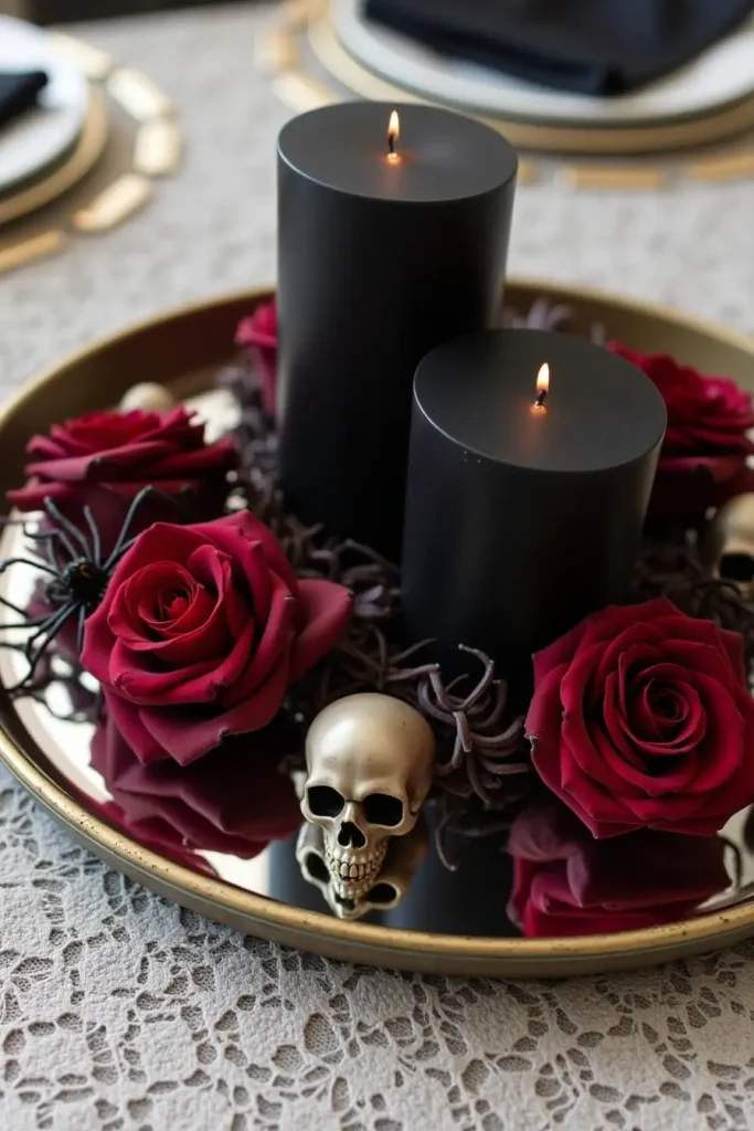 Mirrored tray with black candles, dried flowers, and skulls reflecting spooky Halloween light.