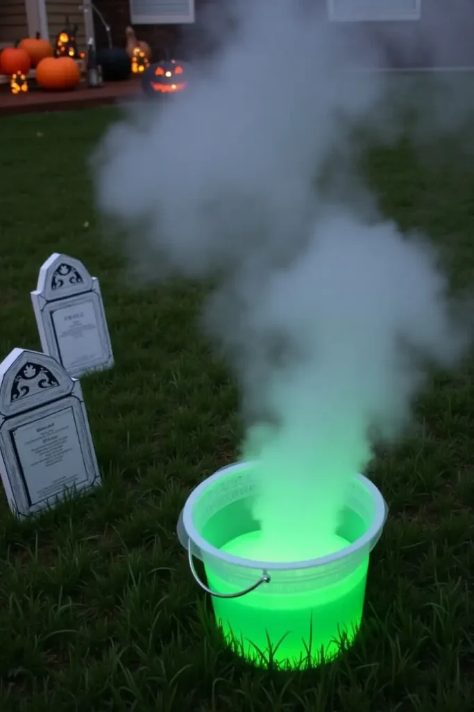 Halloween fog effect with dry ice, fan, and green-tinted water for a haunted yard vibe.