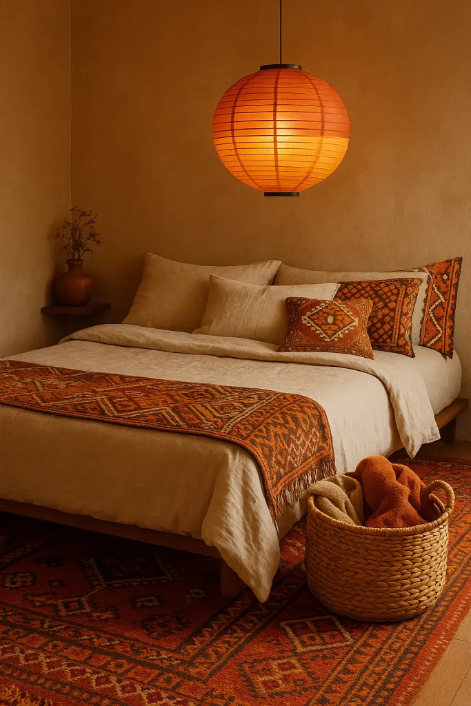 Eclectic fall bedroom with global accents: Moroccan rug, paper lantern, and woven basket in warm hues.
