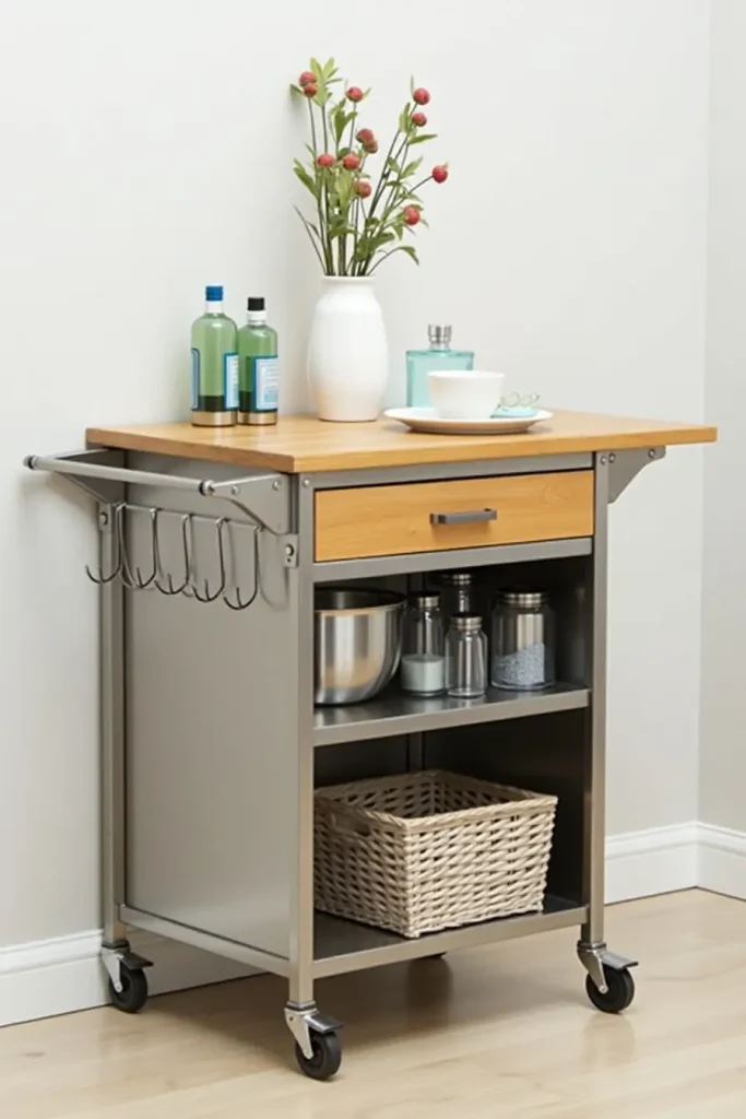 Mobile stainless steel kitchen cart with drop-leaf top, bamboo option, storage drawers, and locking wheels.