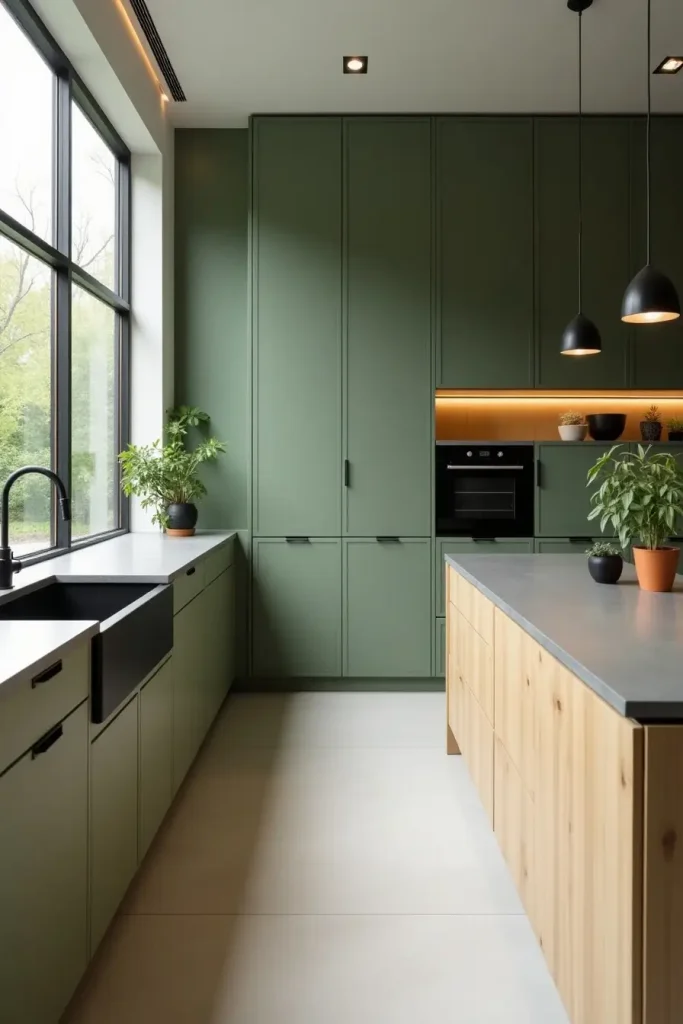 Modern sage green kitchen with bamboo accents, matte black sink, and fresh eco-friendly style.