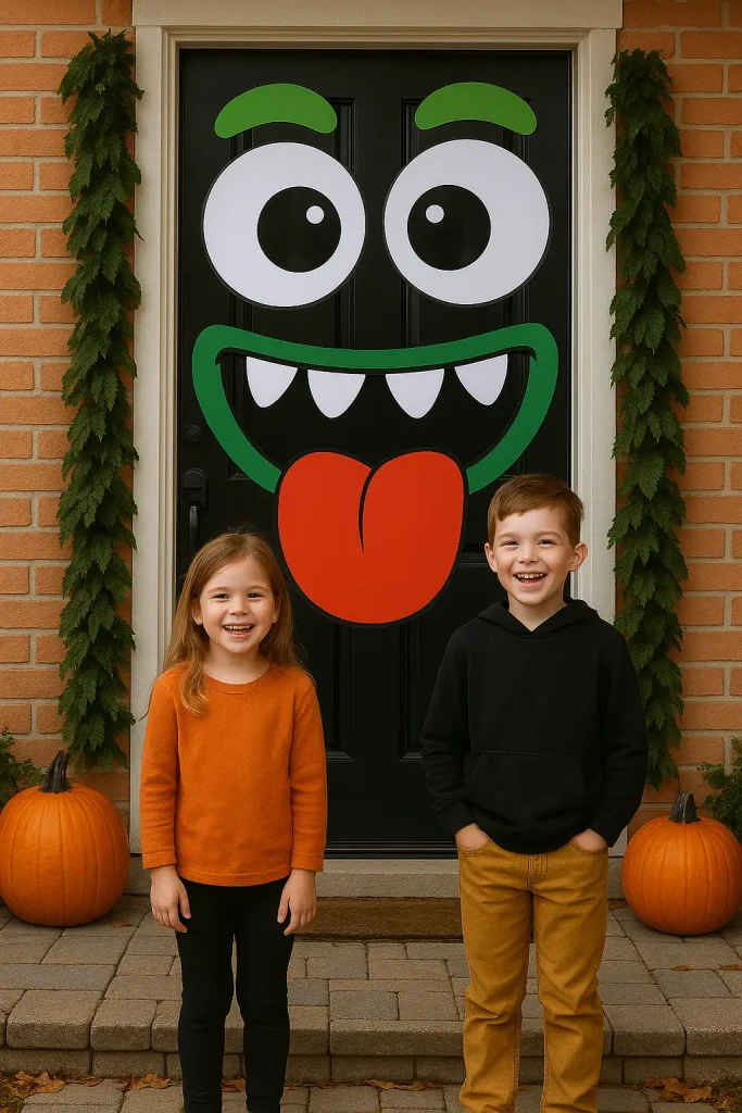 Front door decorated as a giant monster face with bold eyes, teeth, and a tongue for Halloween.