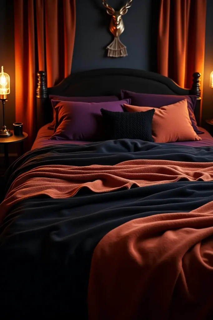 Moody bedroom with purple and black bedding, orange accents, and warm lighting for Halloween coziness.