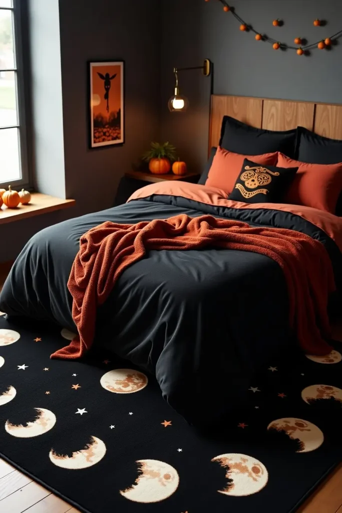 Halloween bedroom with moon phase rug adding cozy, mystical style and warmth to the floor.