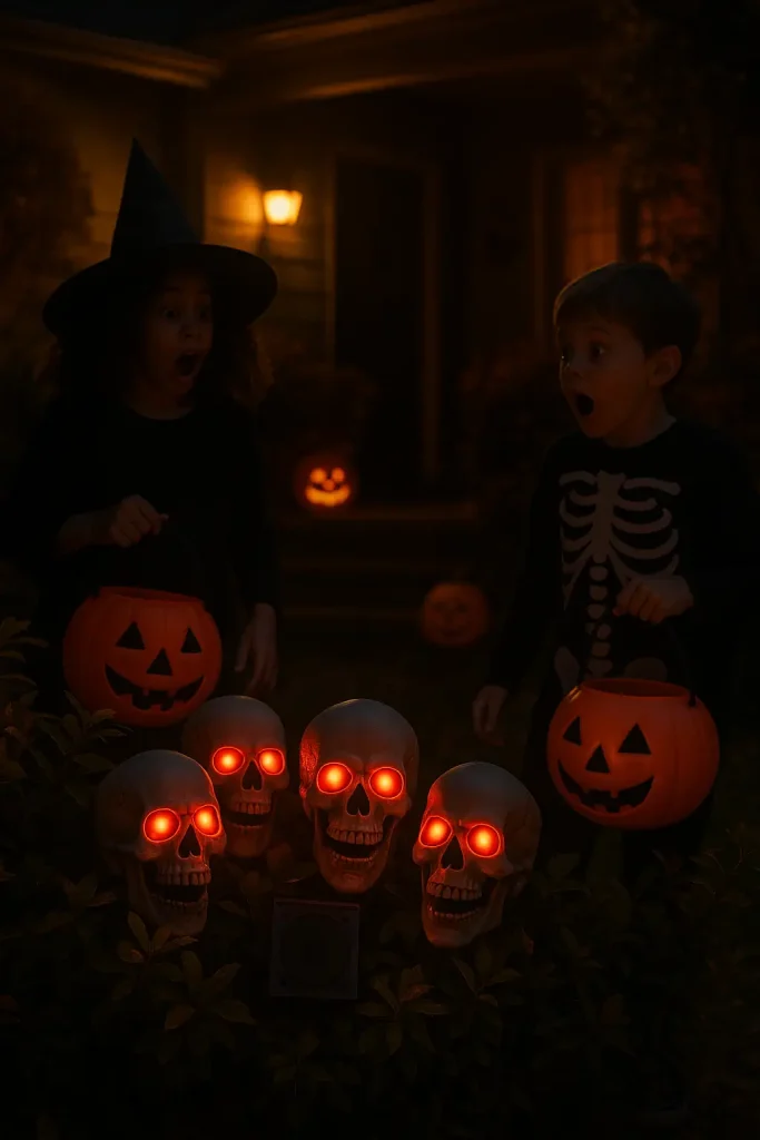 Halloween yard with glowing skulls and motion sensor surprise scares hidden in bushes.