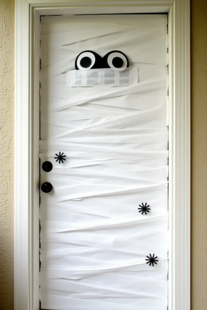 Front door wrapped in white strips with big eyes for a playful mummy Halloween decoration.