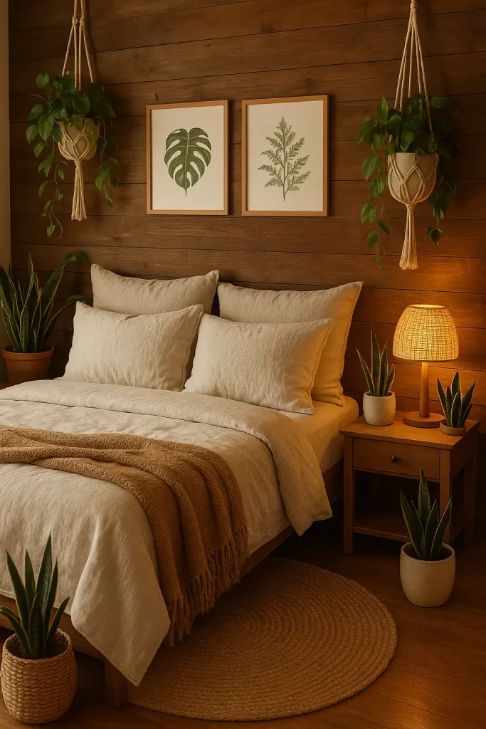 Cozy bedroom with wooden wall, pothos and snake plants, botanical prints, and natural fiber decor.