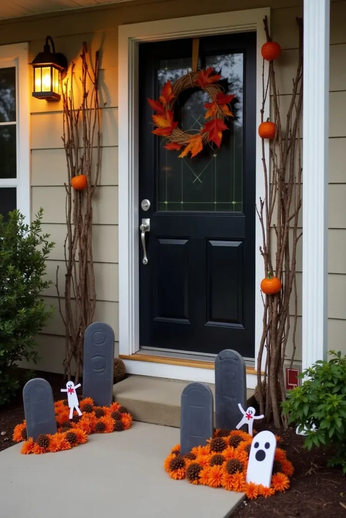Eco-friendly Halloween decor with black branches, leaves, and marigold wreath for a spooky yard.