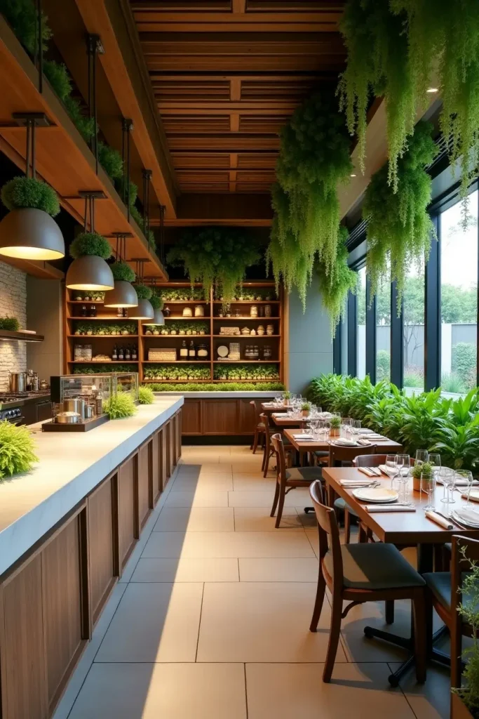 Nature-inspired live kitchen with fresh herb gardens, wood accents, and soft greenery for freshness.