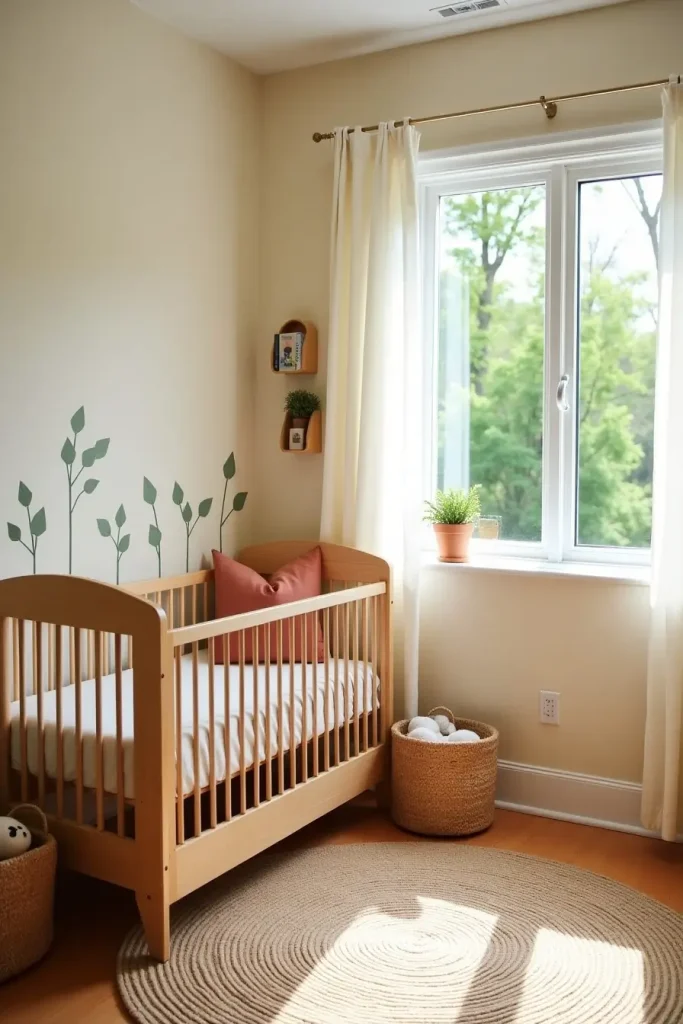 Boho nursery with leafy wall decals, wooden crib, layered rugs, and soft earthy accents.