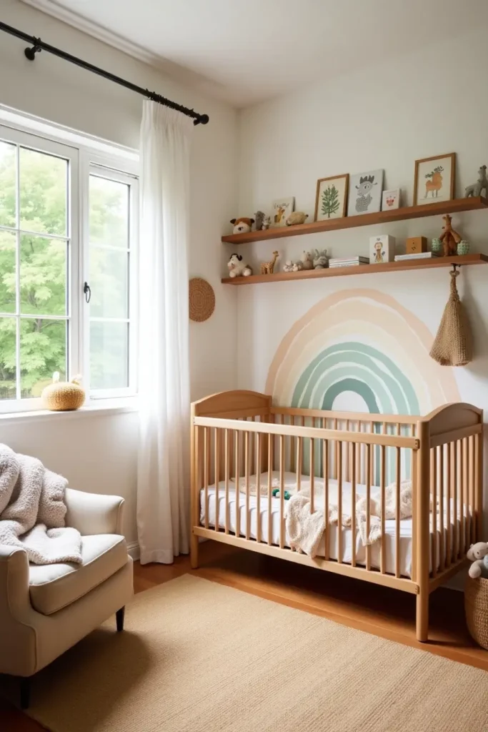 Boho baby nursery with wooden crib, pastel rainbow wall art, toys, and greenery outside window.