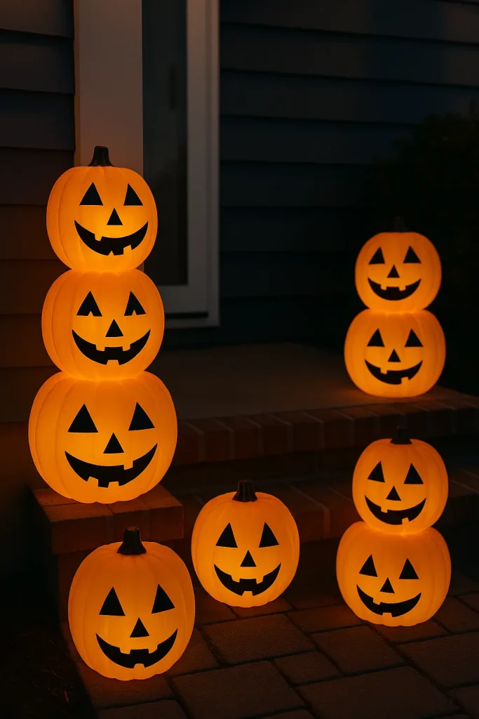 No-carve glowing pumpkins with tape faces and solar lights, stacked and scattered along steps.