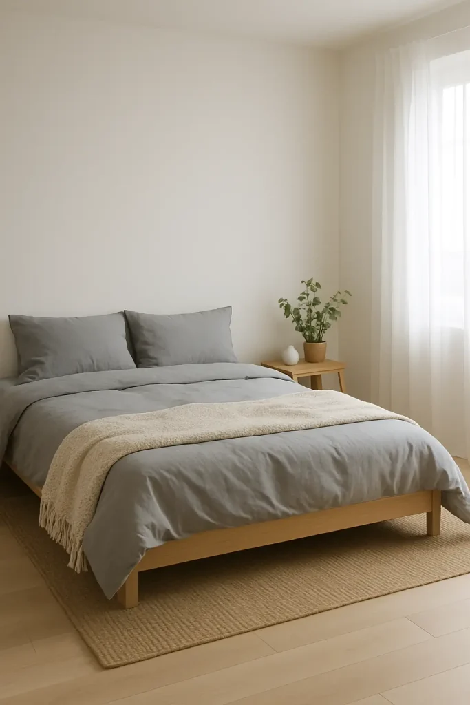 Nordic bedroom with white walls, gray bedding, light wood furniture, and cozy woven blanket textures.