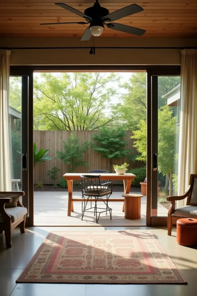 Open-air studio with sliding glass doors, outdoor rug, sheer curtains, and cozy garden-inspired setup.