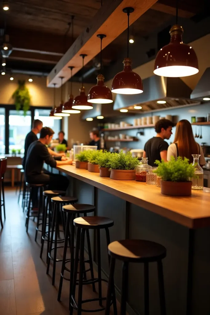 Cozy open kitchen café with wood counters, pendant lights, herb pots, and stools for casual seating.