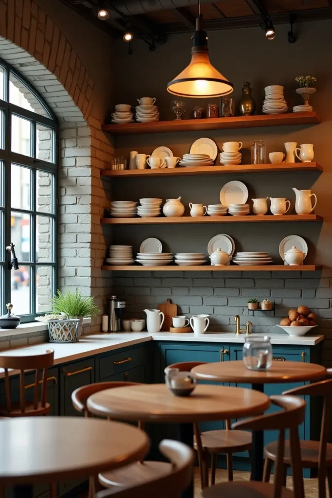 Open kitchen cafe with wooden shelves displaying ceramic sets, cozy lighting, and a lived-in charm.