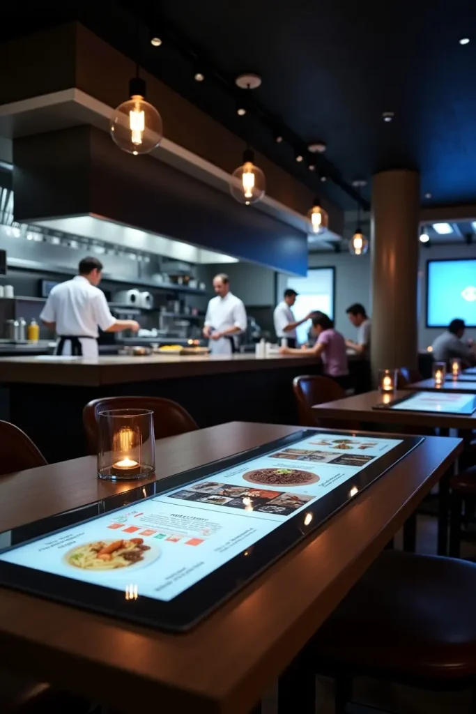 Modern open kitchen with QR menus and digital previews, blending sleek tech with live chef action.