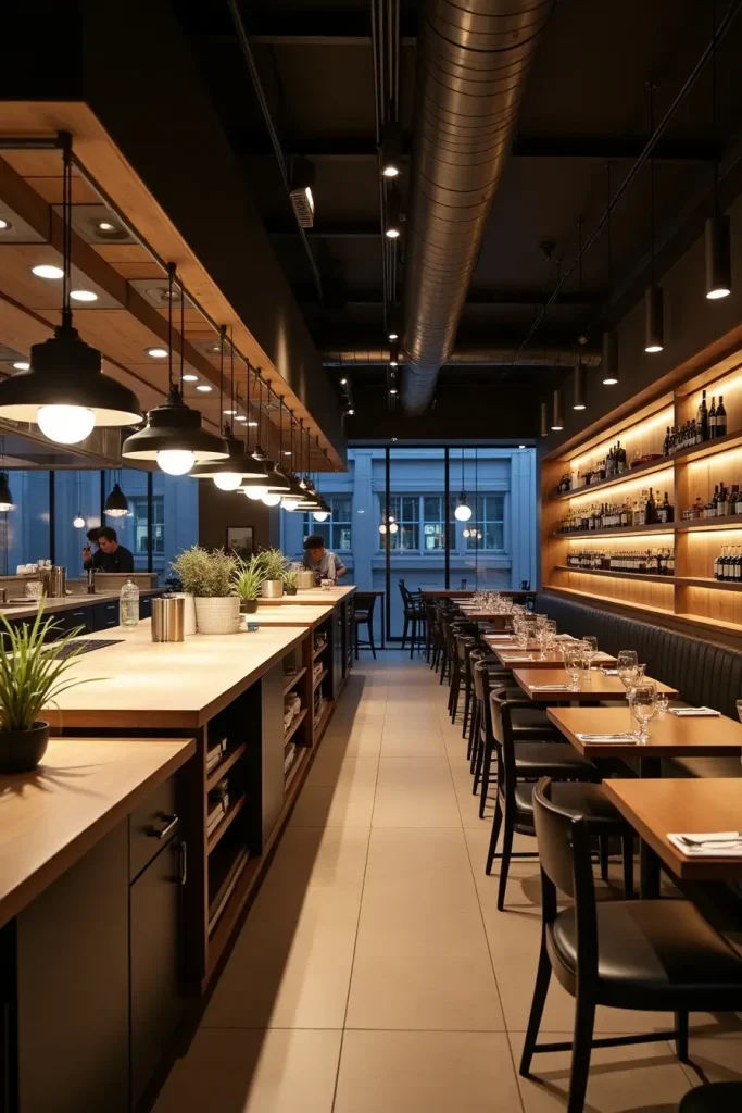 Open kitchen with pendant, LED, and dimmable lights creating balance between prep and dining ambiance.
