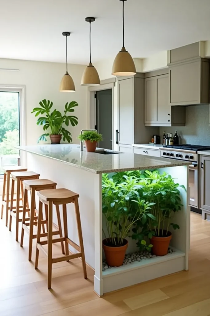 Open kitchen island with built-in herb nook, recycled glass top, and seating for 5 on natural stools.