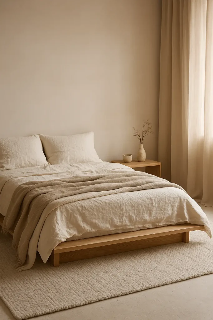 Layered organic cotton throws on a linen bed in a warm, textured Wabi Sabi bedroom setting.

