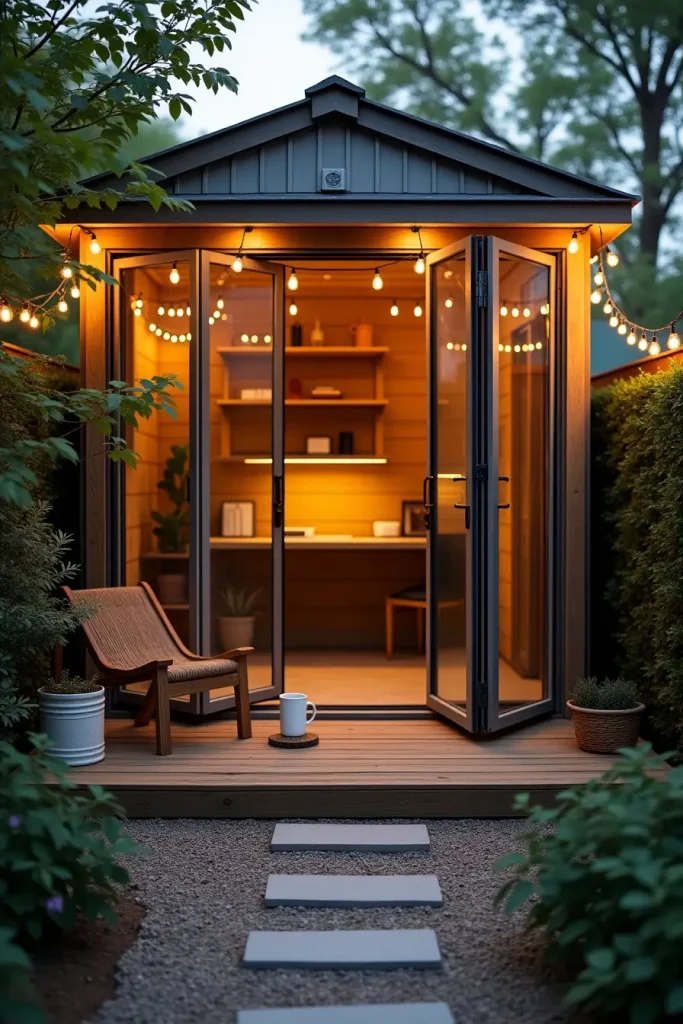 Outdoor studio with porch, folding glass doors, bench, and glowing string lights in a cozy setting.