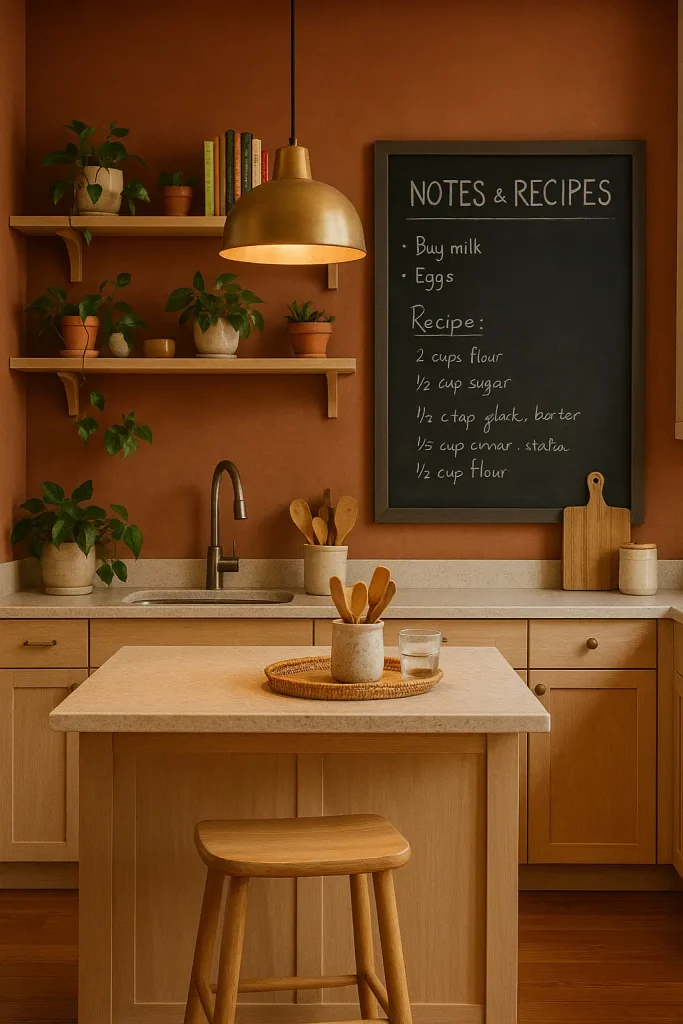 Kitchen with terracotta walls and a chalkboard accent for notes, warm lighting, and open shelving.