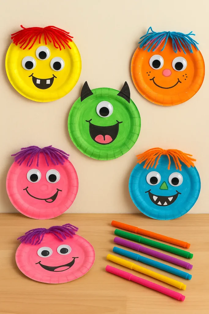 Colorful paper plate monster masks with yarn hair and googly eyes for kids’ Halloween crafts.