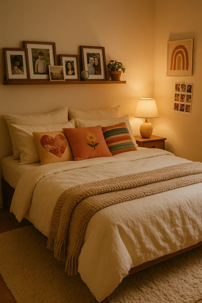 Cozy bedroom with personal photos, soft bedding, travel decor, and a shelf of warm keepsakes.