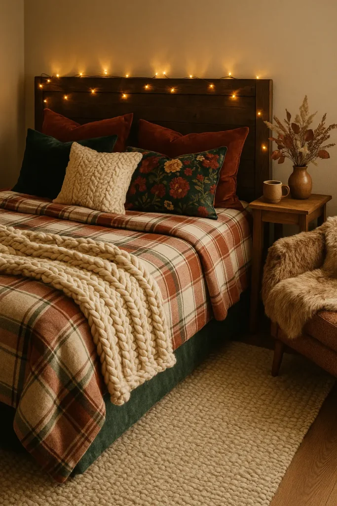 Fall bedroom layered with knit blankets, velvet pillows, flannel sheets, and cozy textures.