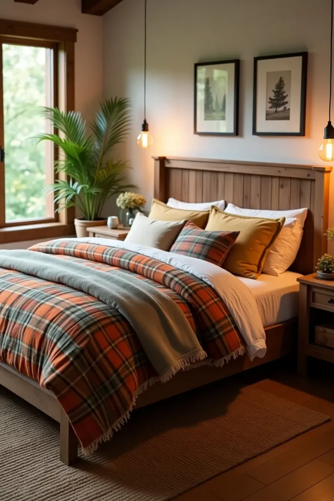 Western bedroom with plaid and Navajo bedding, neutral pillows, jute rug, and greenery outside window.