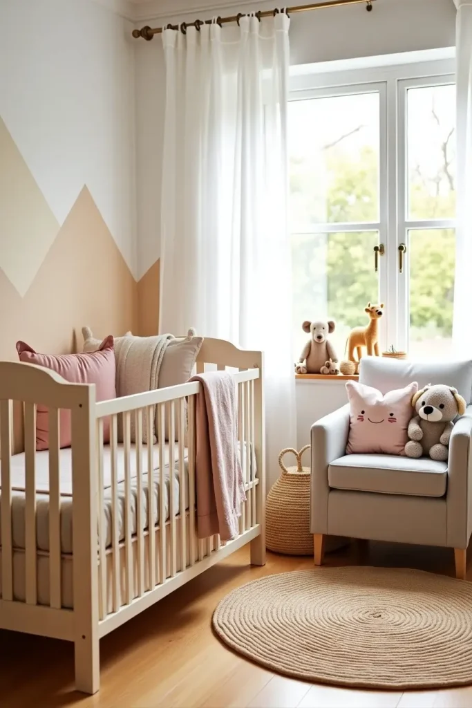Boho nursery with bunny pillow, lion rug, plush animals, and pastel mountain mural.