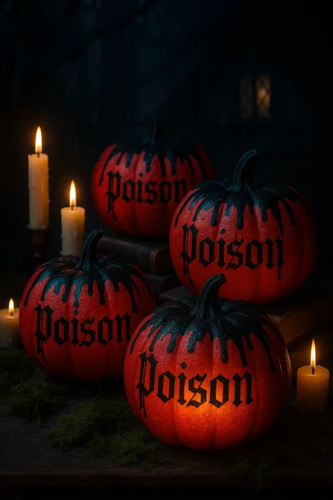 Red poison-themed pumpkins with black drips and labels for spooky fairy-tale Halloween decor.