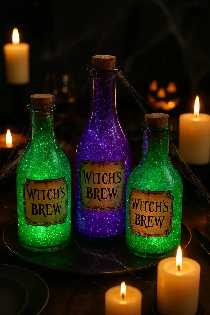 Glittery potion bottles labeled “Witch’s Brew” with candles as a magical Halloween centerpiece.