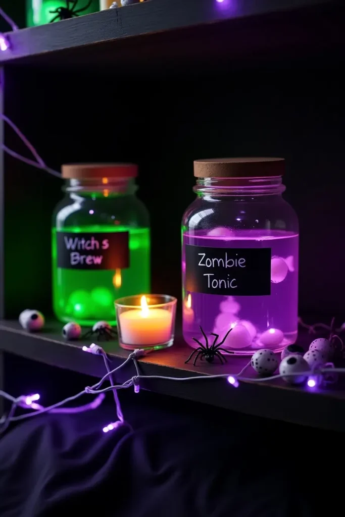 Potion jars with colored water and spooky labels styled on a Halloween bedroom shelf.