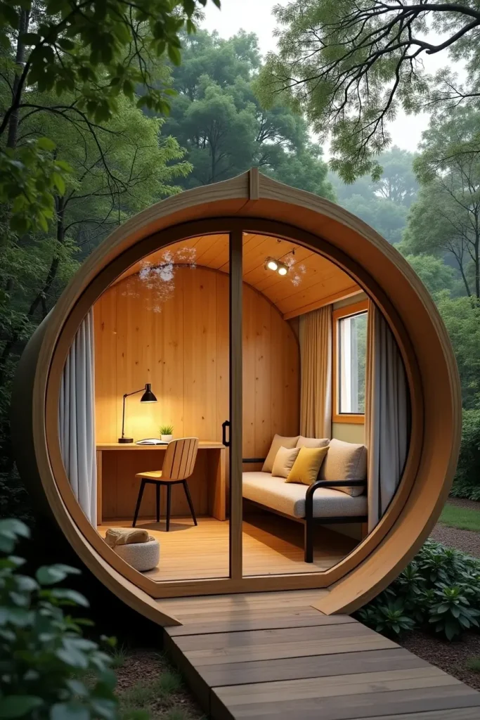 Hexagonal backyard studio with bamboo floors, desk, sofa, and curtains in a quiet private retreat.