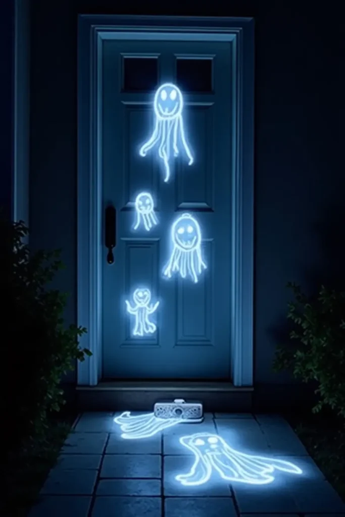 Front door with glowing ghost projections for a spooky high-tech Halloween effect.
