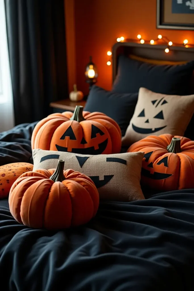Pumpkin-shaped pillows in velvet and burlap on a cozy Halloween bed with festive accents.