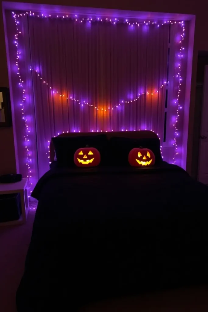 Purple and orange string lights draped over a Halloween-themed bed with a cozy witchy glow.
