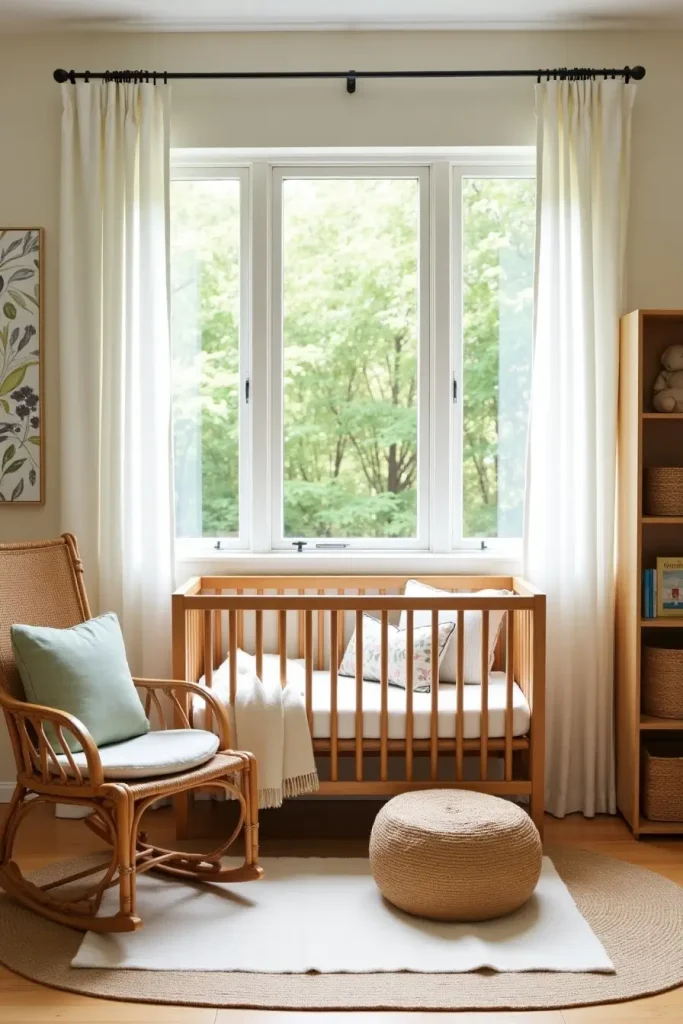 Boho nursery with rattan rocker, ottoman, shelving, wooden crib, and layered rugs.